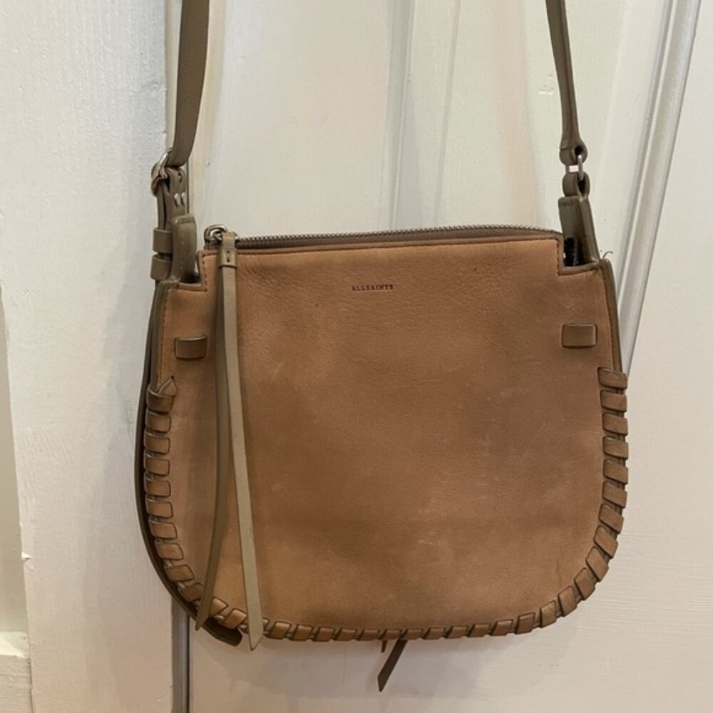 All Saints Mori Suede Crossbody in Taupe